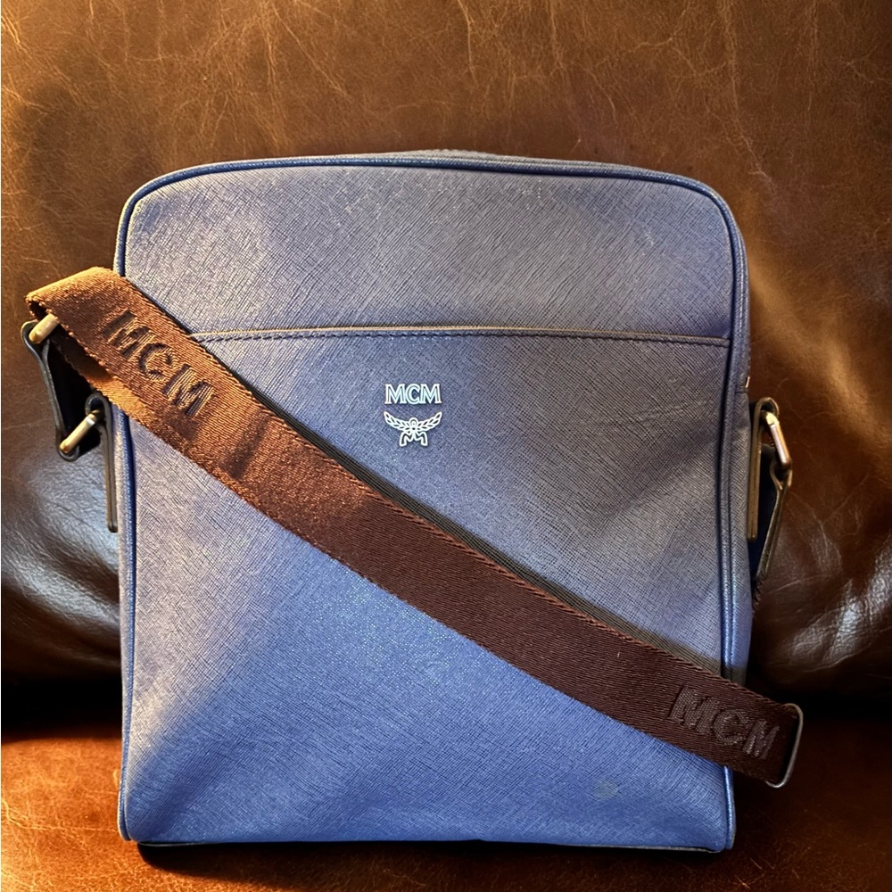MCM Navy Saffiano Leather and Brown Strap Messenger Bag